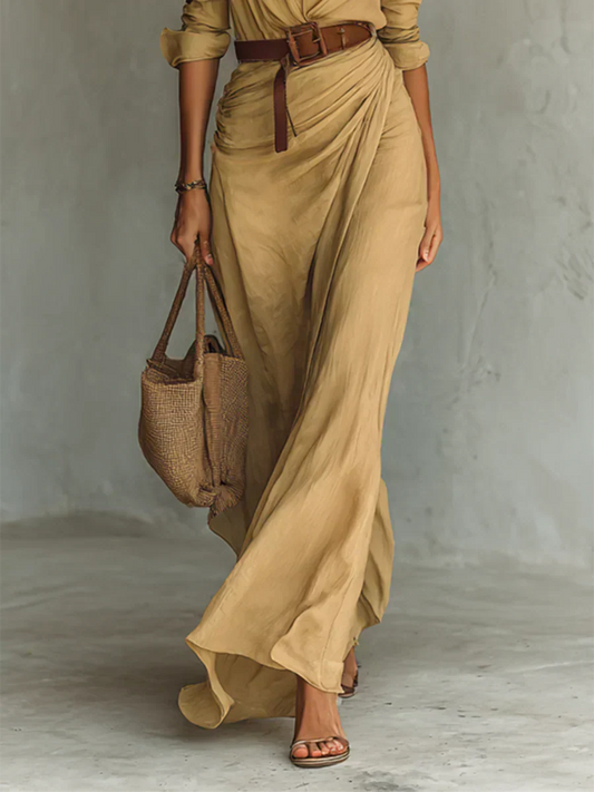 Camille™ | Vestido Maxi con Solapa y Cinturón en la Cintura