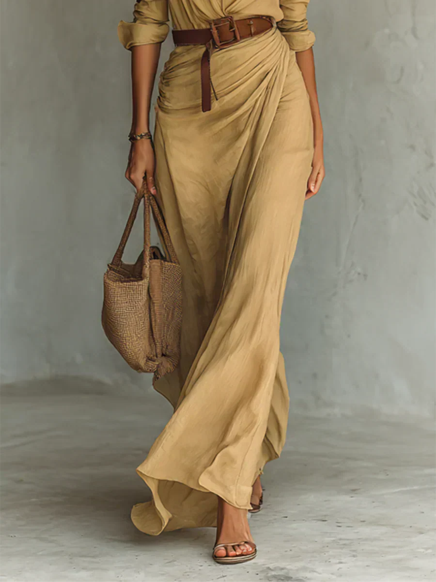 Camille™ | Vestido Maxi con Solapa y Cinturón en la Cintura