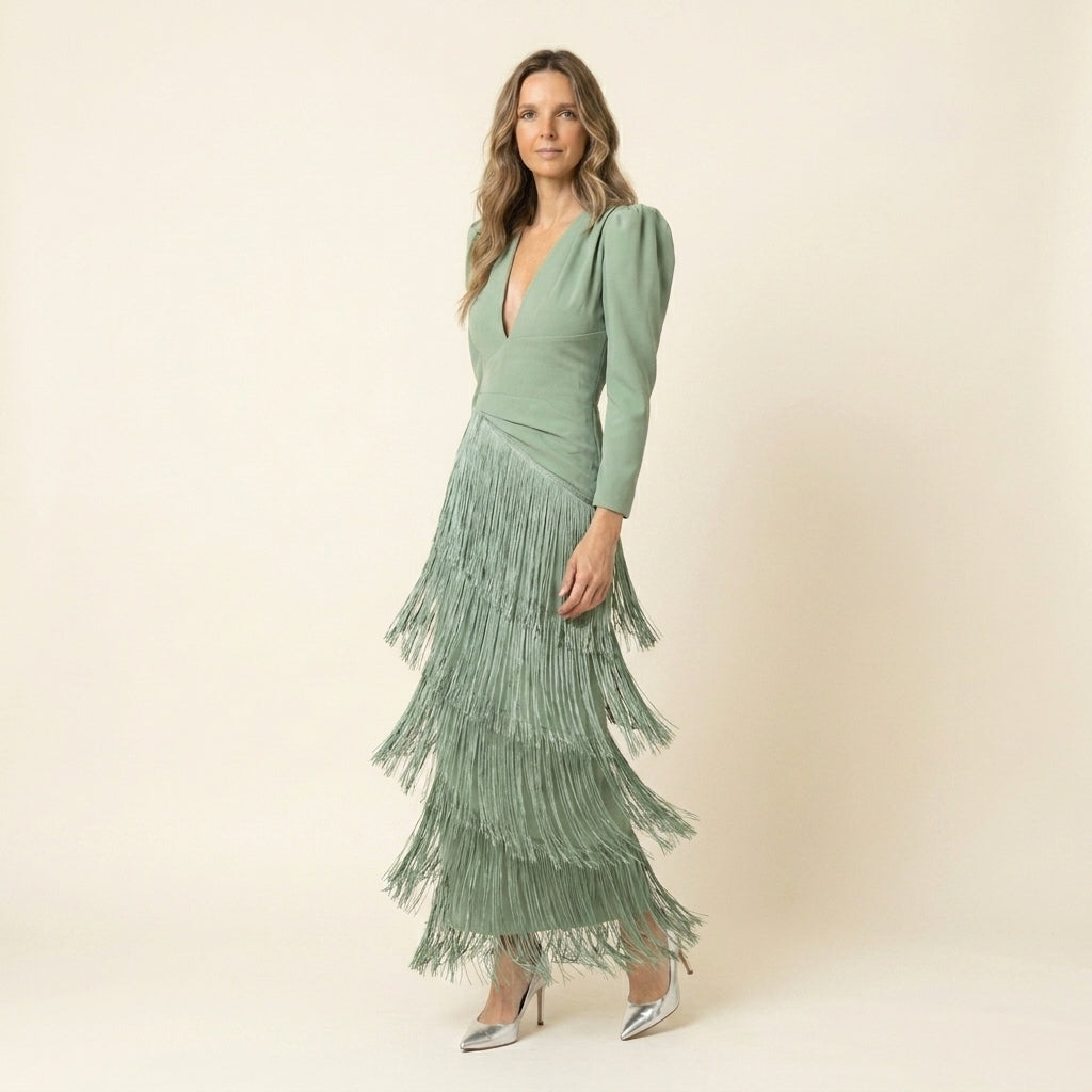 Clara™ | Vestido Midi de Flecos con Manga Larga
