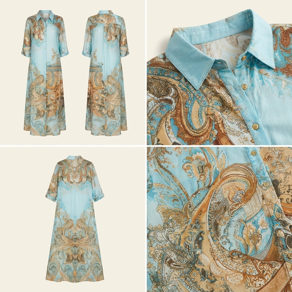Cleo™ | Vestido Camisero Largo Mediterráneo