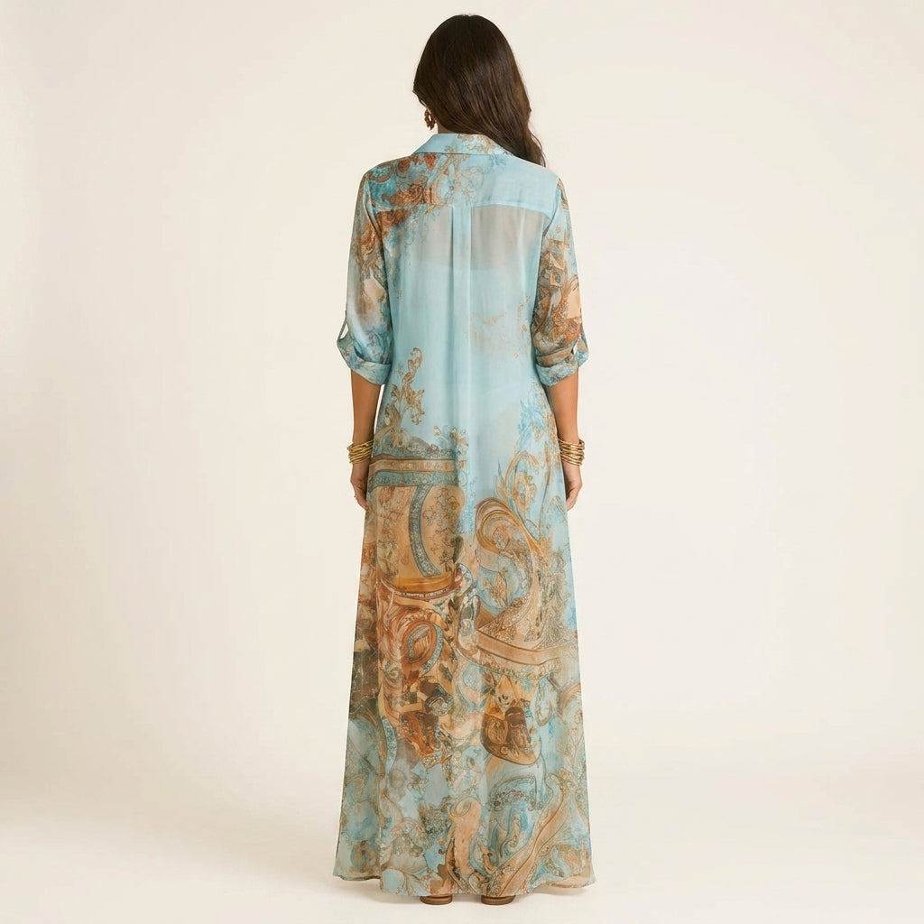 Cleo™ | Vestido Camisero Largo Mediterráneo