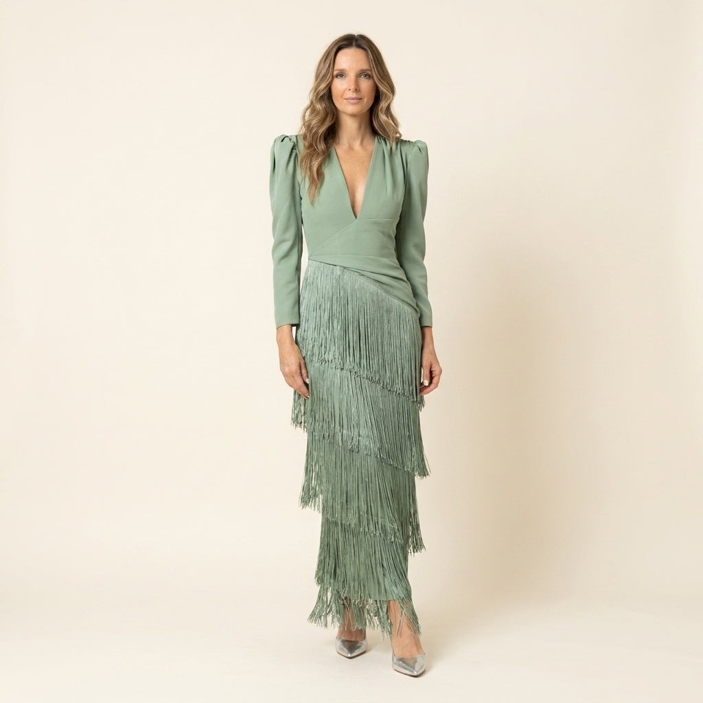 Clara™ | Vestido Midi de Flecos con Manga Larga