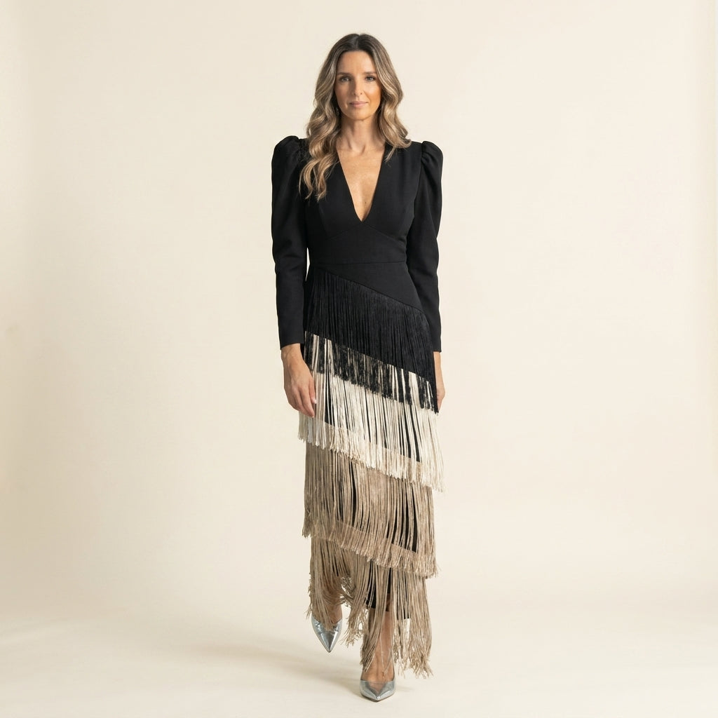 Clara™ | Vestido Midi de Flecos con Manga Larga