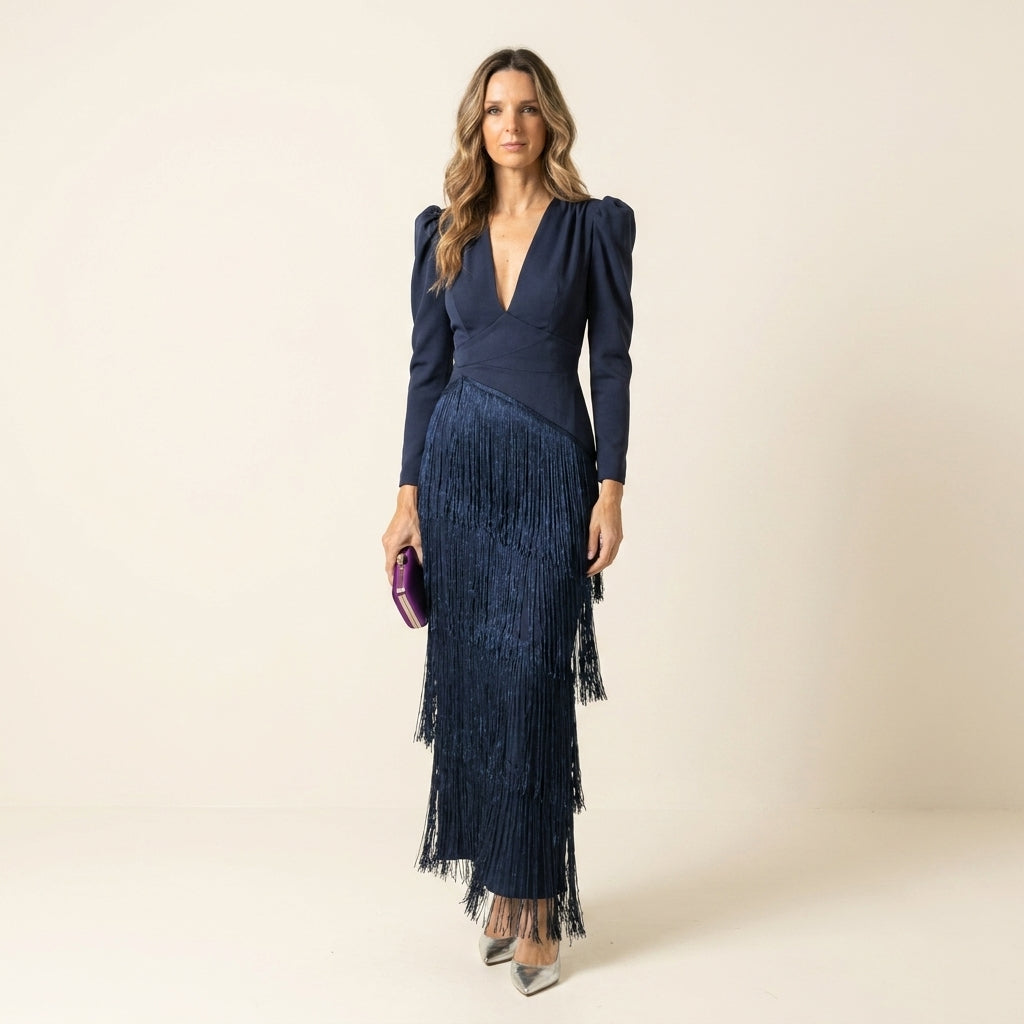 Clara™ | Vestido Midi de Flecos con Manga Larga