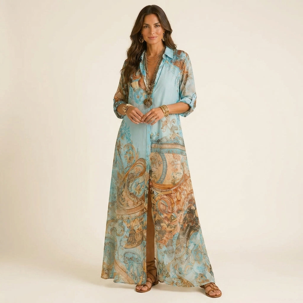 Cleo™ | Vestido Camisero Largo Mediterráneo