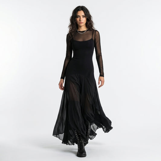Lidia | Vestido Maxi - Tul Negro Elegante y Corte Fluido