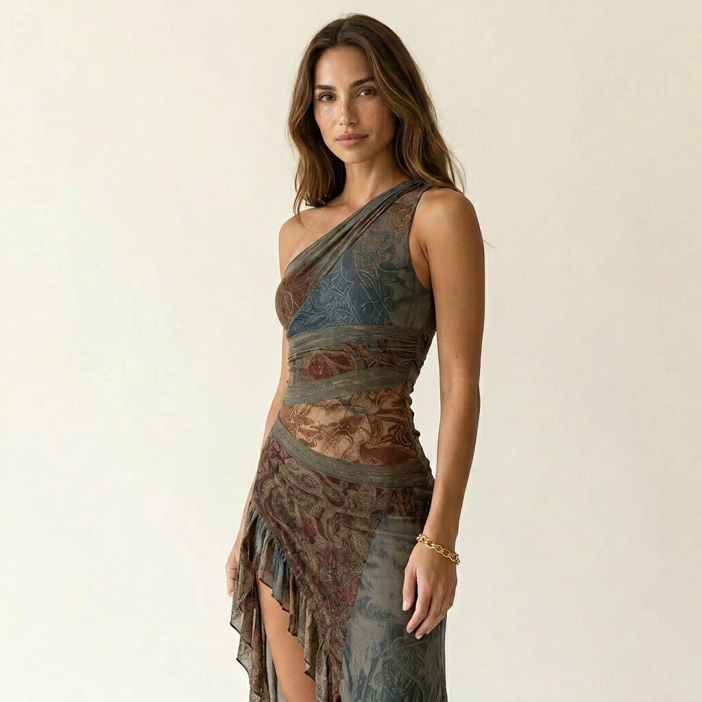 Elena | Vestido largo asimétrico estampado étnico